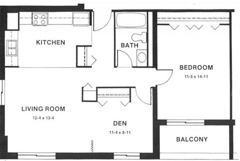 Floor plan for 1 bed, 1 bath, 725 sqft